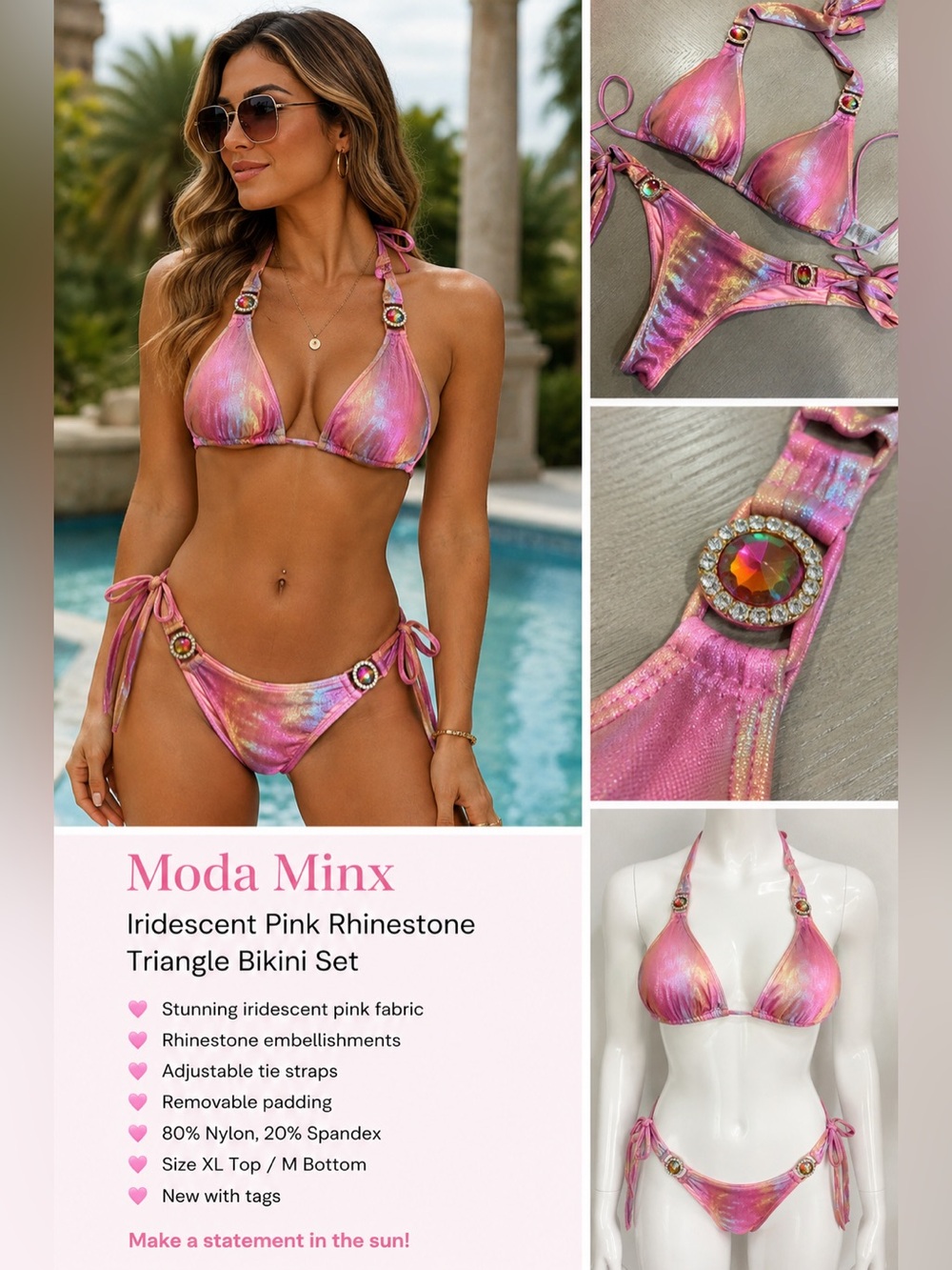 Moda Minx Iridescent Pink Rhinestone Triangle Bikini Set | XL Top / M Bottom
